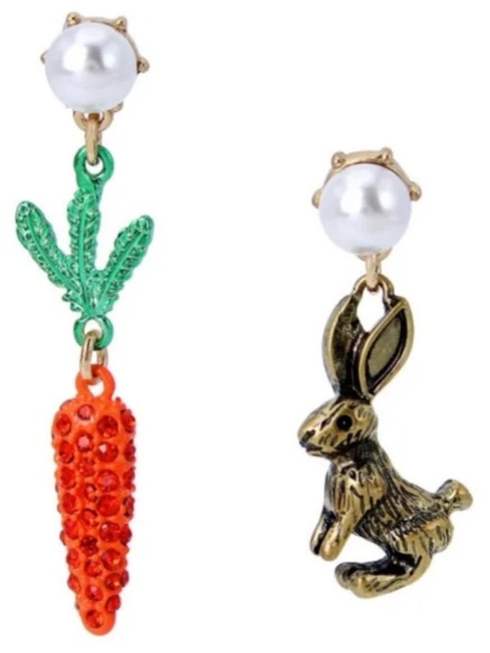 NWT Betsey Johnson Mismatched Bunny & Carrot Drop Earrings with Pearl Tops